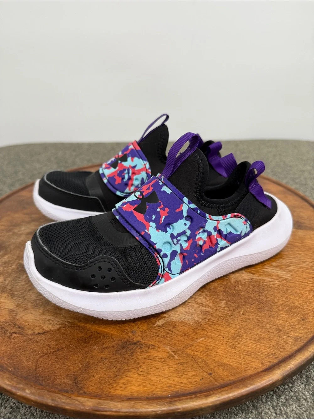 Under Armour Shoes Girls Kids 2 Slip On RunPlay Sneakers Black Purple Pink Camo